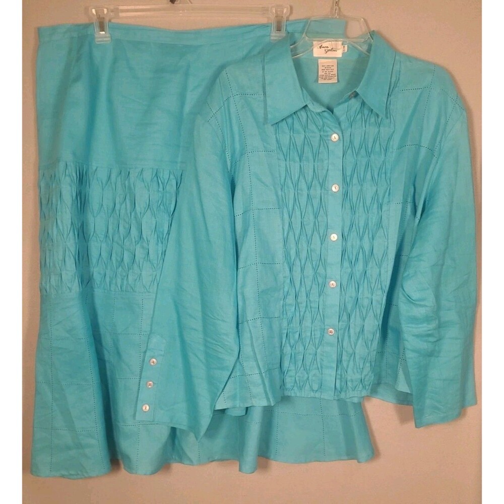Ann Gerlin Linen Dress Suit Womens 22W Turquoise Blue 2pc Resort Tropical